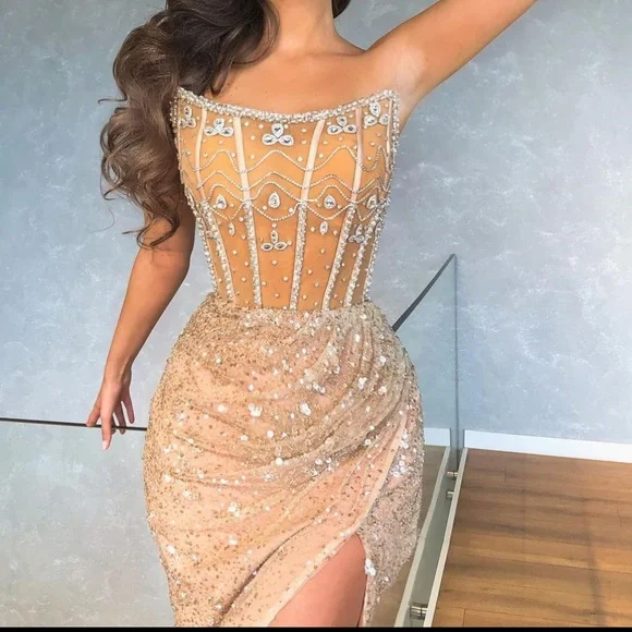 High End Gorgeous Crystal Champagne Side Slit Dress - Picture 4 of 7